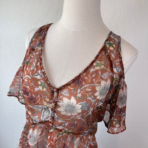 Mystree Floral High Low Tunic Top size Small Orange Cold Shoulder Boho Fairycore - Picture 4 of 10